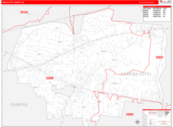 Fairfax CityCounty, VA Wall Map Zip Code Red Line Style 2024